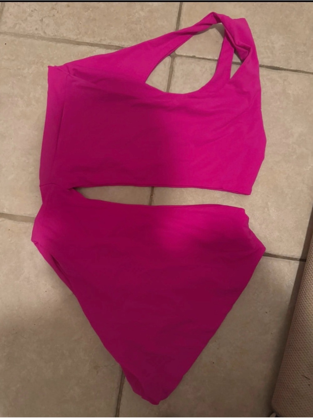 Lulu's Hot Pink Asymmetric One-Shoulder Bikini Set